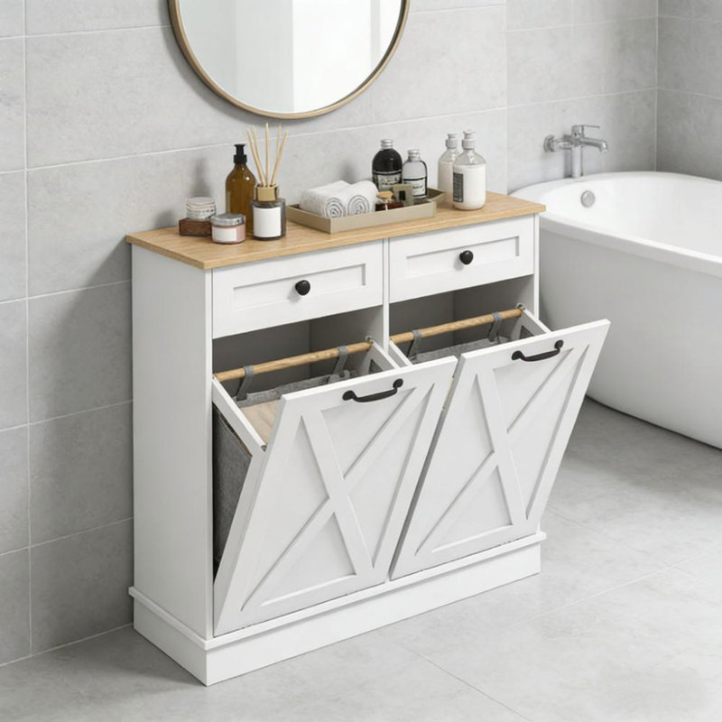 Armoire de rangement pour salle de bain avec panier à linge inclinable, paniers doubles et conception anti-basculement pour une vie organisée