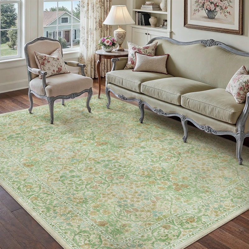 Tapis floral rétro lavable à la machine avec envers antidérapant Alora, Rectangle 5 pi x 7 pi