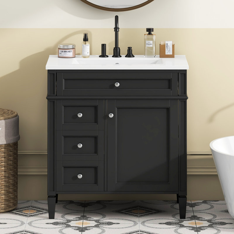 30"W Freestanding Bathroom Vanities With Ceramic Sink And Adjustable Shelf, Silver, Black