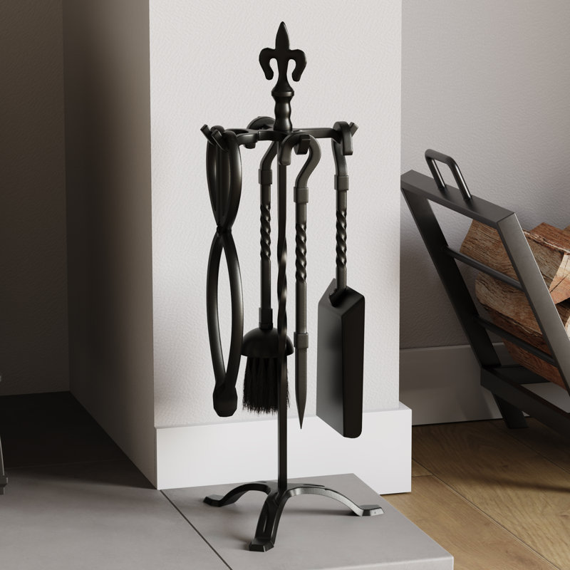 Vida Fleur-de-Lys Steel Fireplace Tool Set, Black
