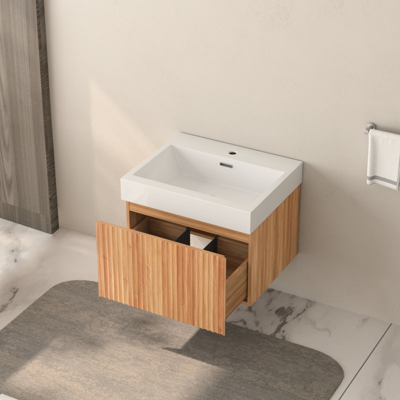 Meuble-lavabo flottant mural 24 po avec lavabo, finition, style minimaliste moderne pour salles de bain compactes, espace, contreplaqué, poignées biseautées lisses, installation rapide en bois, petit style, rebords