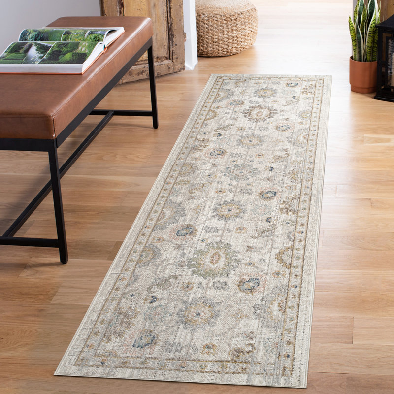Washable Living Room Traditional Lagoon Floral Area Rug – Soft Polypropylene Weaving, Low Pile, Non Slip Cotton Backing for Elegant Indoor Spaces, Beige