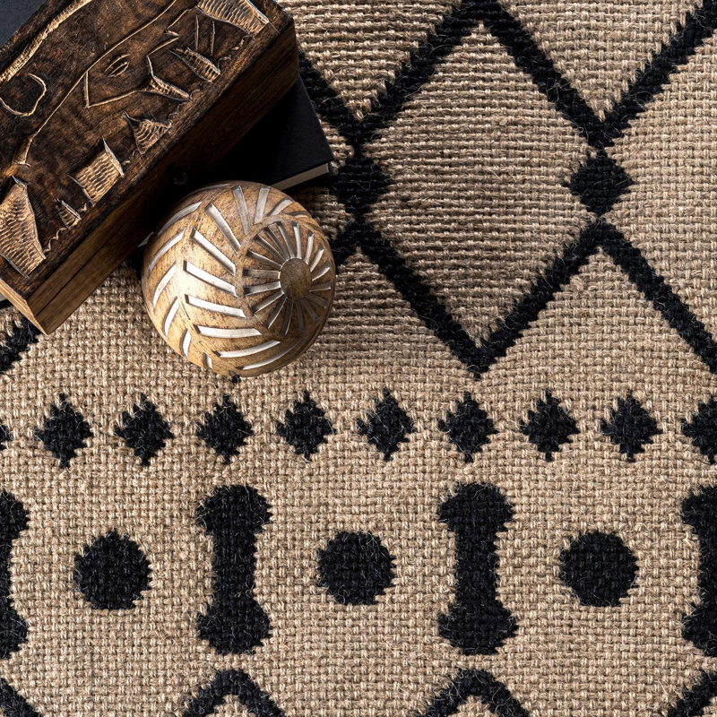 Southwestern Beige and Black Handwoven Jute Rug with Medallion Pattern