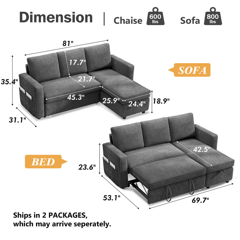 81" Sleeper Sofa Bed, 2 In 1 Pull Out Couch With Reversible Storage Chaise, Sectional L-Shaped Couch Sofa Sleeper With Side Pockets, Tool-Free Assembly