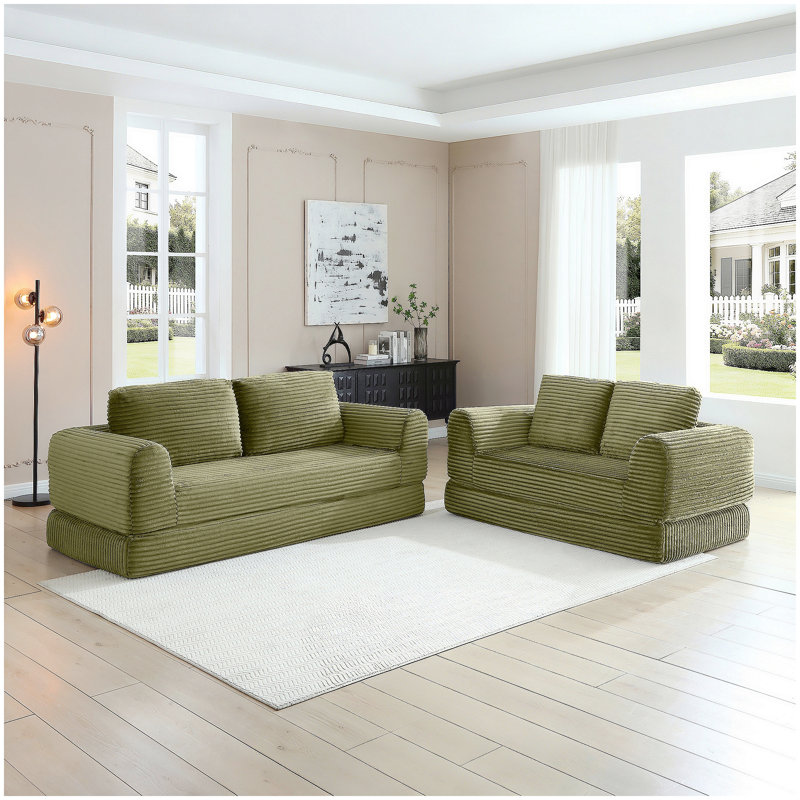 Canapé-lit pliant convertible 2-en-1, canapé-lit en velours côtelé moderne avec 2 * oreillers, ensemble de canapé modulaire rembourré et désossé avec lit escamotable Futon, canapé-lit modulaire pliant pour le salon vert
