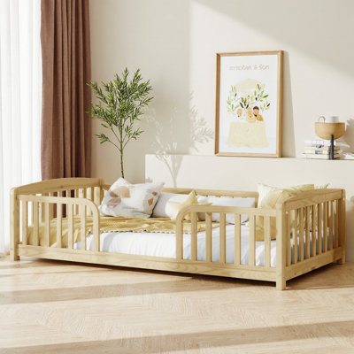 Floor Fence Bed with Central Entrance – Pine Wood Floor Bed with Full Guardrails– Low-to-Ground Montessori Bed for Toddlers, Easy Entry & Exit – No Box Spring Needed, Safe for Bedroom, Playroom
