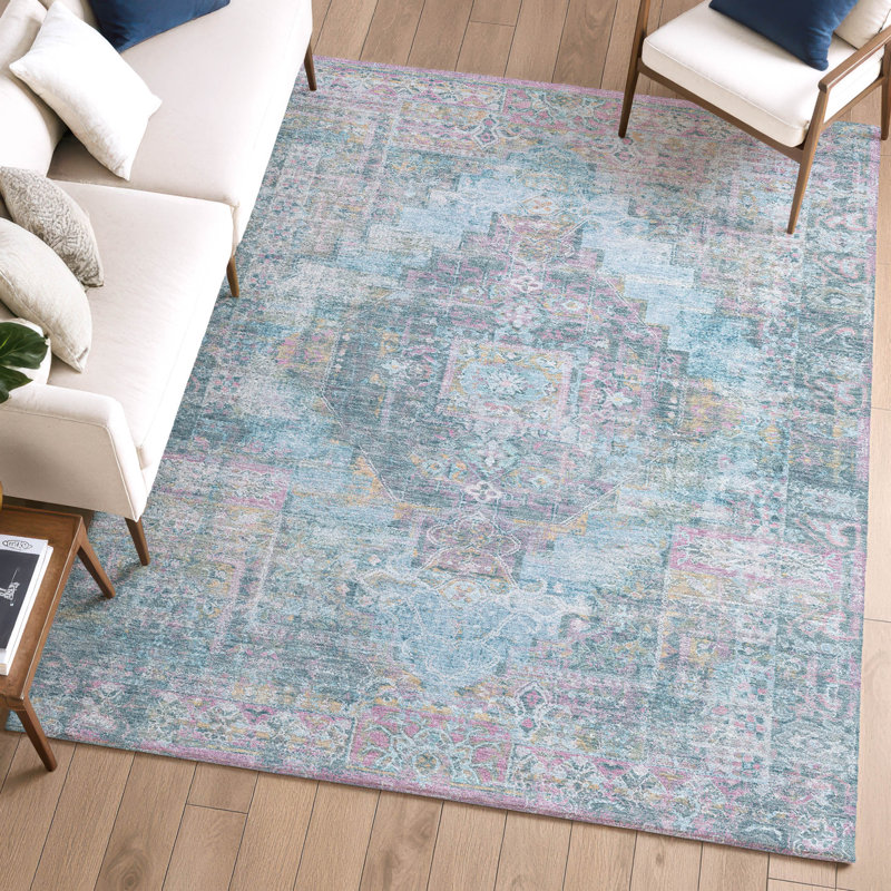 Premium Machine Washable Mayfield AMF2140 global Rug, Blue, 5' x 7'6"
