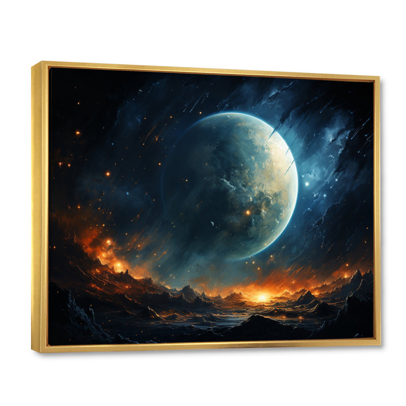 Planète orbitale sarcelle orange sur toile, H 16 po x l 32 po x P 1 po, Cadre flottant doré