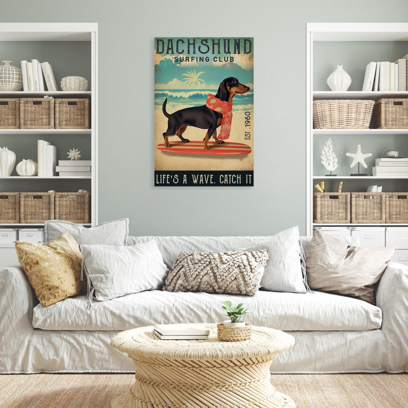 Dachshund Surfing Club - 1 pièce, impression sur toile tendue, H 20 po x l 16 po x P 1,25 po