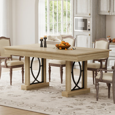71-Inch Dining Table for 6-8 with 2 Drawers, Large Wooden Kitchen Table w/Large Tabletop & Sturdy Frame, Rectangular Dining Table with Double Pedestal, for Kitchen, Office