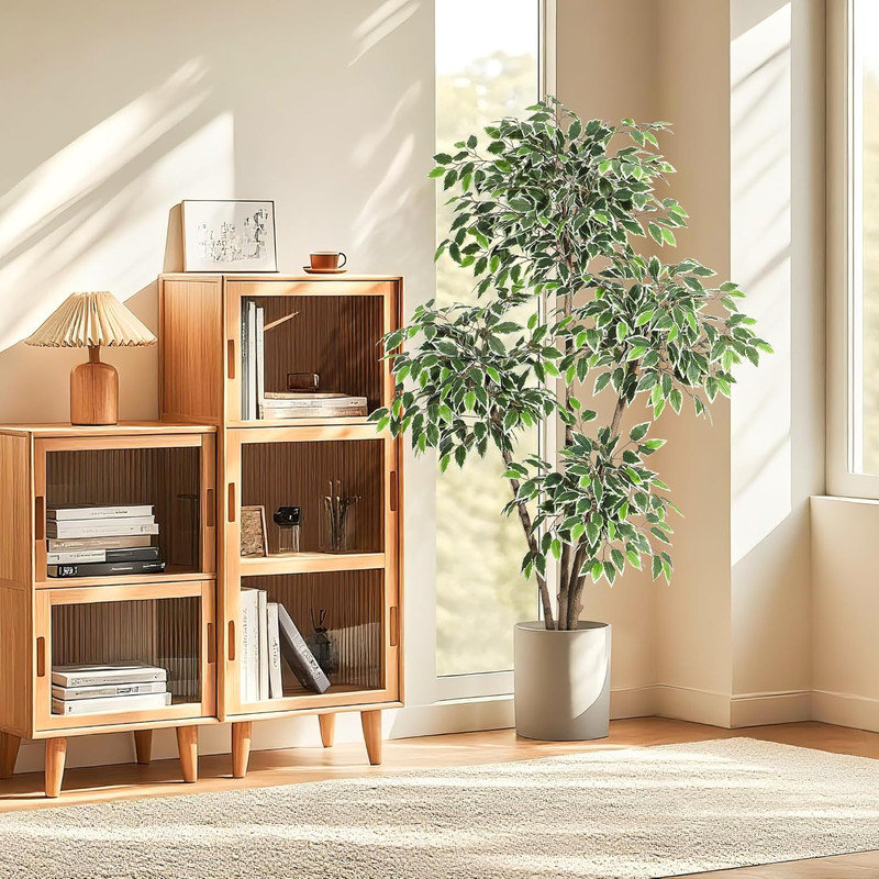 Ficus artificiel 5/6 pi avec pot de fleurs blanc - plante de plancher artificielle avec 3 troncs et feuilles blanches