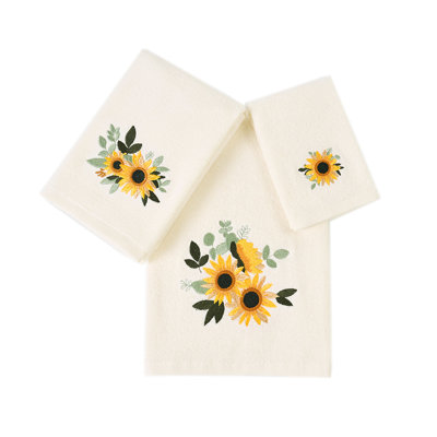 Home Premium Luxury Decor Ultra Soft 100% Cotton Towels Woven Embroidered Bathroom Modern 3 Piece Bath hand Towel Set, Sunflower with Ivory Base Pattern