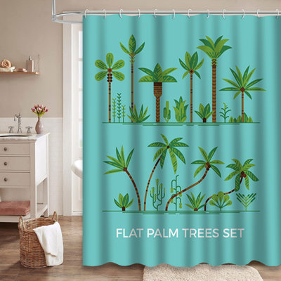 Green Tropical Exotic Palm Leaves Plant Shower Curtain with 12 Hooks