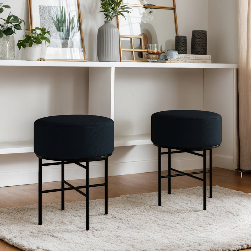 2 Pieces Modern Upholstered Vanity Stools,Multifunctional Dressing Stool Ottoman With Metal Legs, Black
