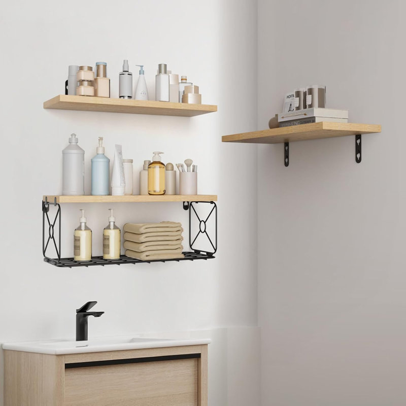 Floating Shelves Set of 3, Rustic Mounted Shelf with Metal Basket, Wall Shelves, Natural
