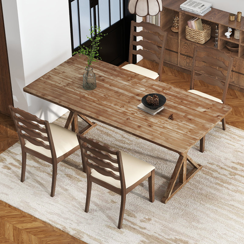 Ensemble de salle à manger rectangulaire rustique en pin massif avec chaises rembourrées, ensemble de table de cuisine de ferme