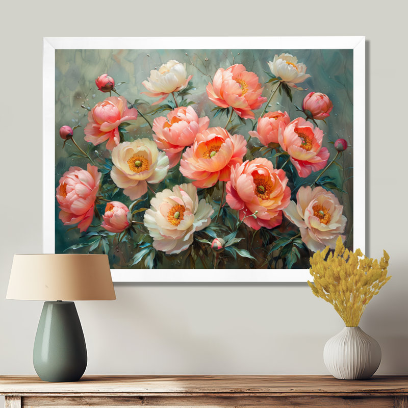 «Pink White Garden Of Dreams Pe pivoines», impression d'art mural pivoines, Cadre blanc, H 30 po x l 40 po