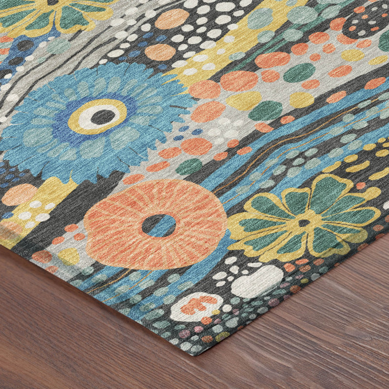 Machine Washable Indoor/Outdoor Chantille ACN2498 Floral Rug, 1'8" x 2'6", Granite