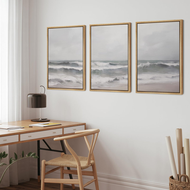 «Coastal Beach Ocean Waves Cloudy Beach Nature Fine Landscape Rustic Country / Farmhouse on Canvas», reproduction de 3 pièces