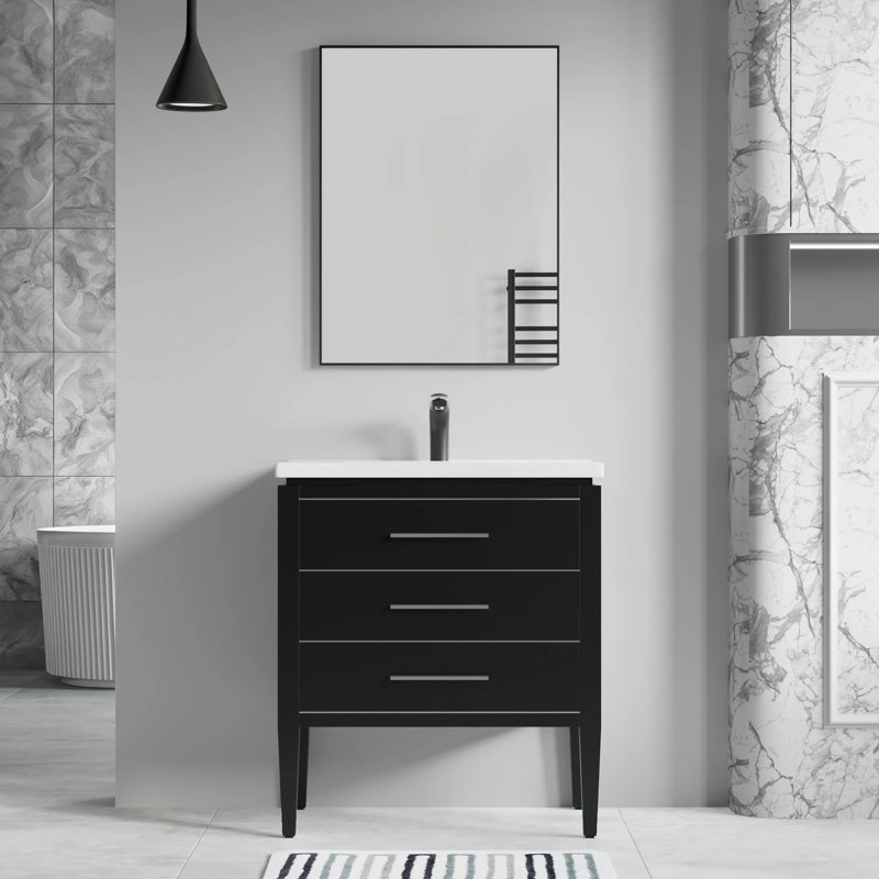 Wonderlin 30'' Single Bathroom Vanity with White Ceramic Top – Soft Close Drawers & Freestanding Design, Black/Silver