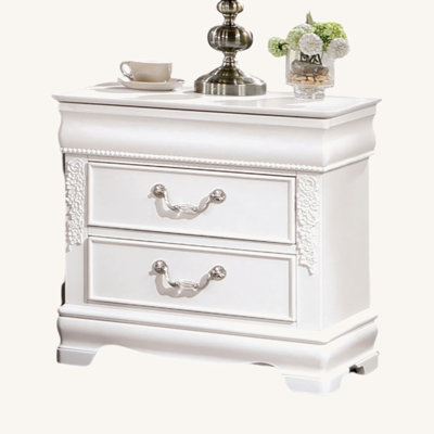 Classic Wooden Nightstand With Two Drawers And Nickel Hanging Pulls, A Timeless Bedroom Essential.