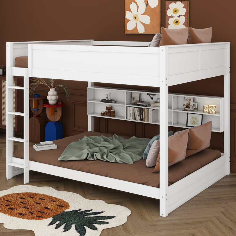 Lit superposé grand en bois avec armoires de rangement et ports USB, Blanc