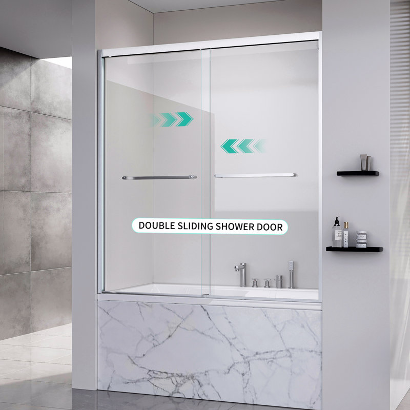 Frame Double Sliding Soft-Close Shower Doors, Bathroom Sliding Shower Door,  (6Mm) Thick Tempered Glass Door, Brushed Nickel