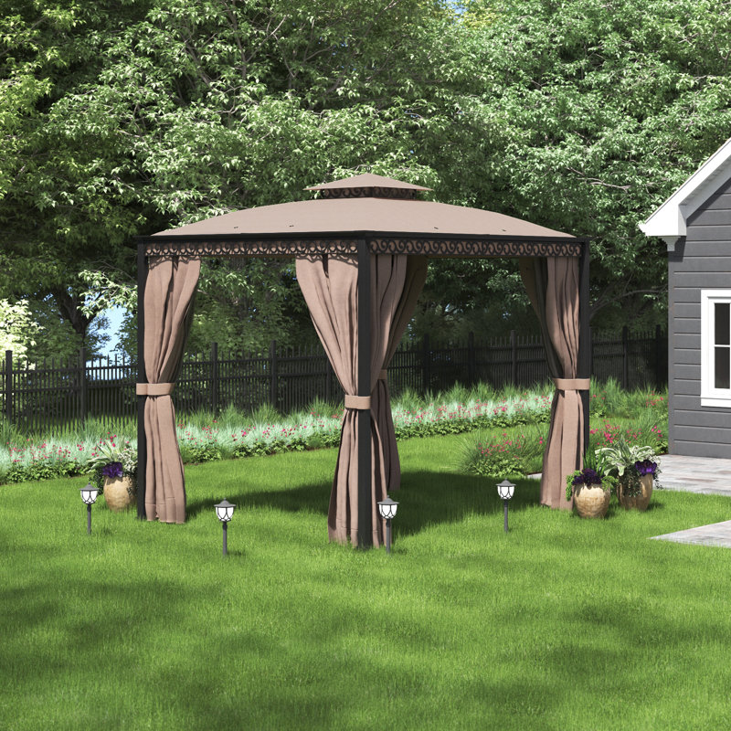 Sunjoy 10 ft. x 12 ft. Steel Gazebo with Decorative Vine Frame Detail, Light Tan/Black