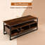 Rustic Brown Industrial Three Tier Coffee Table with Open Shelf and Three Storage Cubbies, Engineered Wood and Metal Frame Multipurpose Cocktail Table for Living Room Bedroom Study