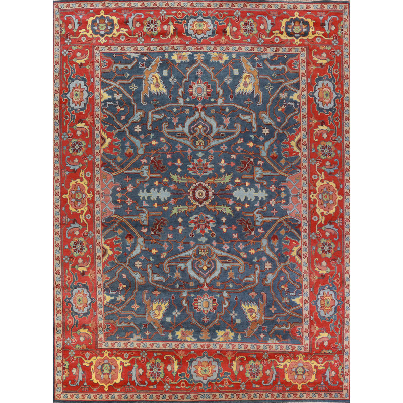 Tapis bleu et orange en laine Oushak 12 x 15
