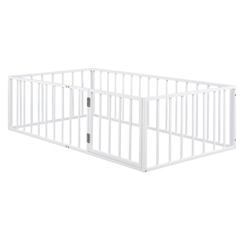  Structure de lit en métal avec garde-corps et porte, lit bas de style Montessori pour chambre à coucher, Blanc, Lit simple
