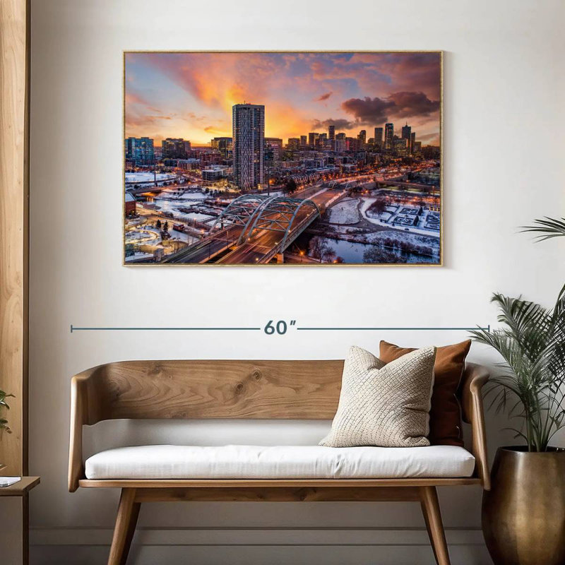 Denver Winter Sunset, Floating Frame Natural Wood, 46" X 31"