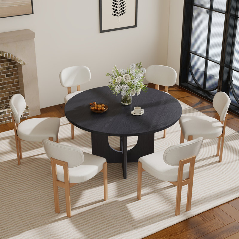 Ensemble de salle à manger Farmhouse, Noir, Beige, 1 table + 6 chaises