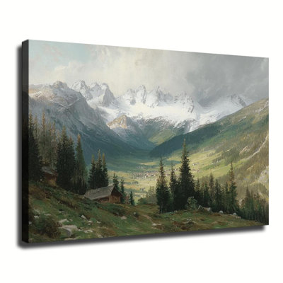 «Classic Alpine Mountain Valley», art de paysage de chalet rustique, reproduction d'art sur toile tendue avec grande galerie pour le salon, la chambre à coucher