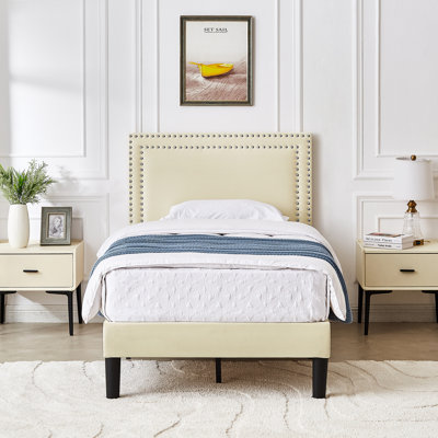 Twin Size Beige Velvet Upholstered Platform Bed with Adjustable Headboard, Modern Bed Frame with Wood Slats, No Box Spring Needed