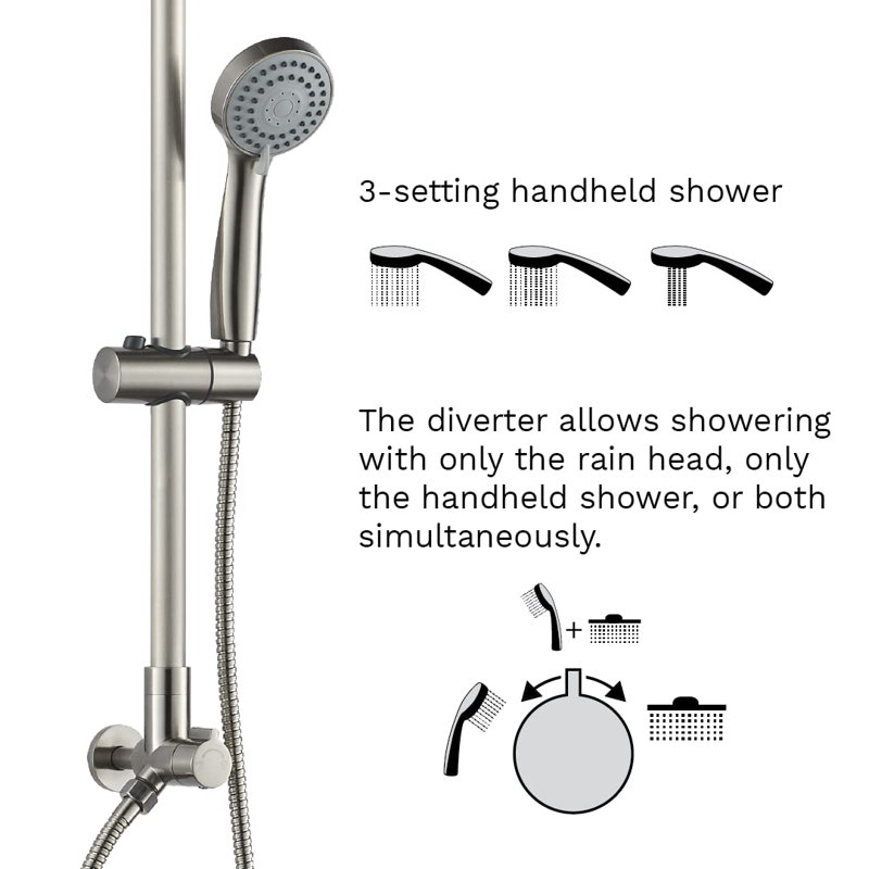 Brushed Nickel Adjustable Height Rain Shower System with Handheld Spray