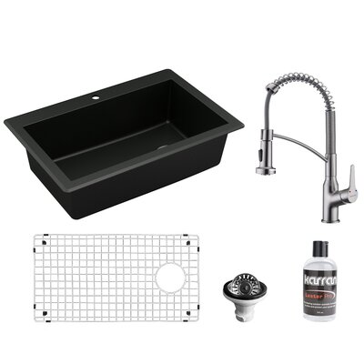 Karran Quartz 33'' X 22'' Single Bowl Drop-in Kitchen Sink With KKF210 Faucet in Stainless Steel -  QT670BL210SS