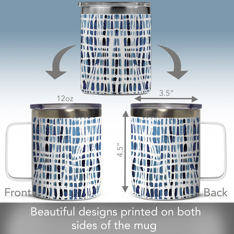 Ebern Designs Indigo Waves Stainless Steel Mug w/Lid 12 oz.