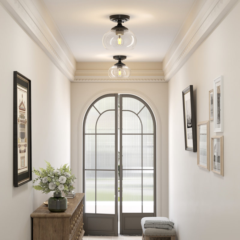 Semi Flush Mount Ceiling Light with Glass Shade, Matte Black
