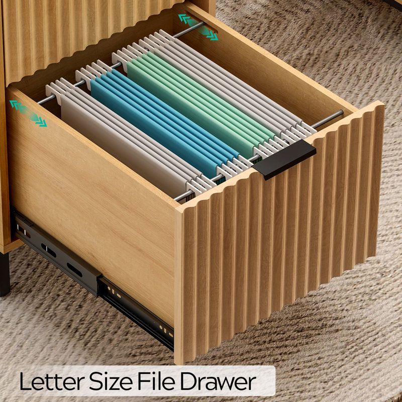 Fluted Executive Desk And File Storage Cabinet With Metal Base, Natural Oak