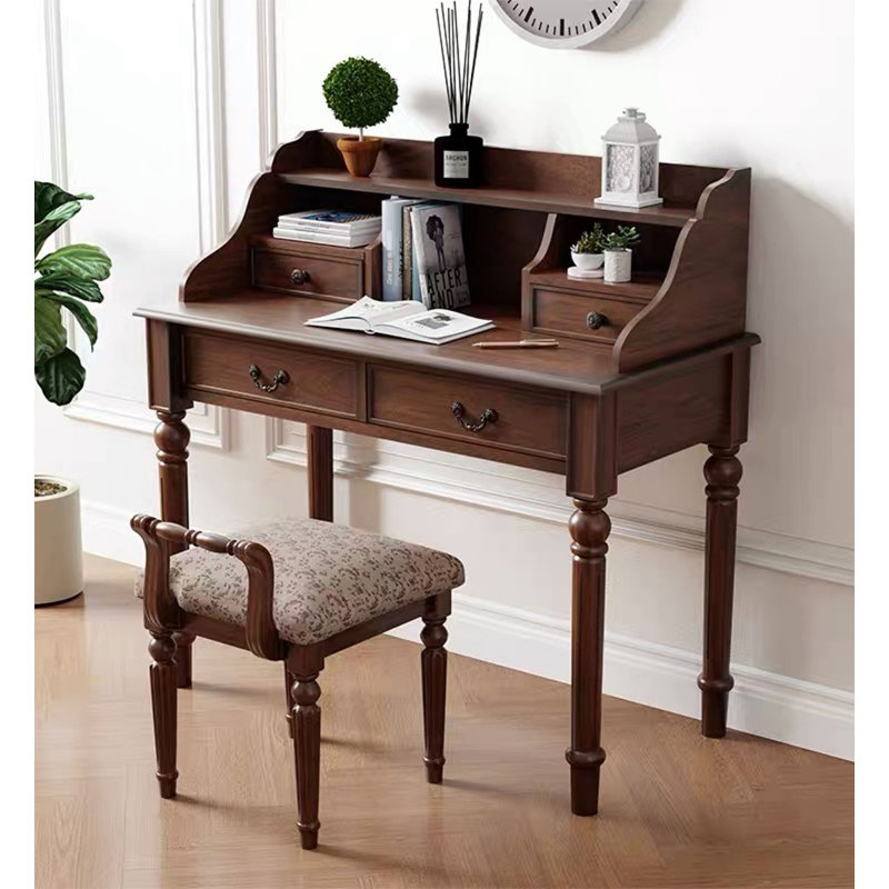 Bureau d'écriture vintage en bois avec tablette et tiroirs de rangement