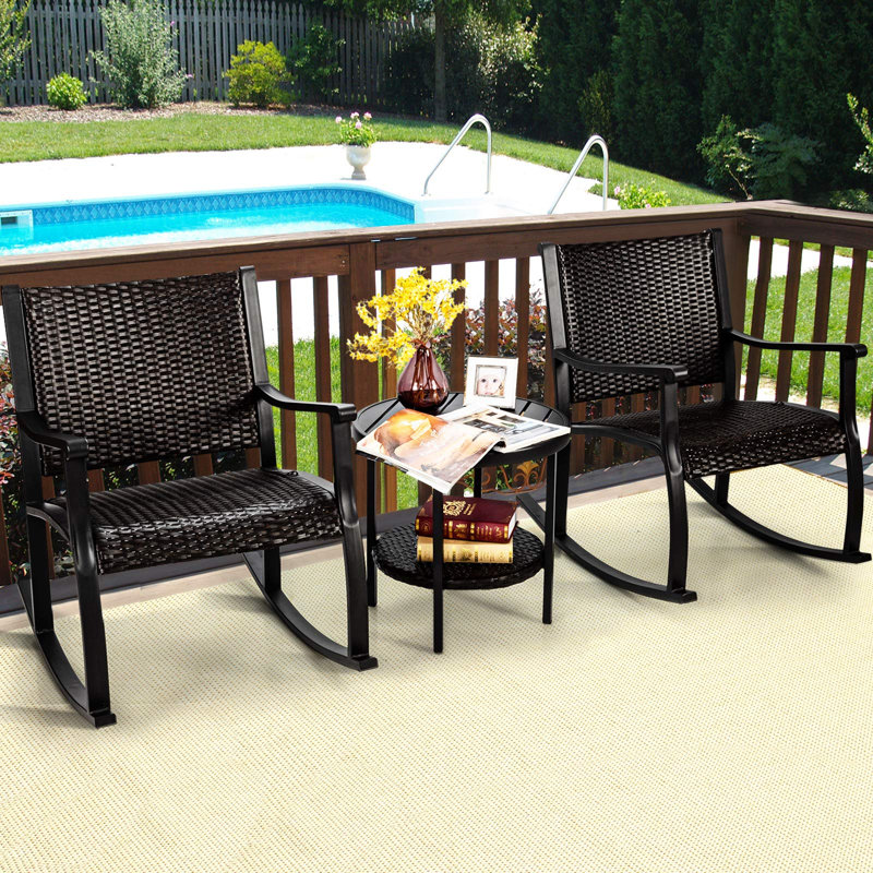 3 Piece Rocking Table Chairs Set, Patio Bistro Set With Coffee Table, Outdoor Relax Rocker Conversation Set For Garden, Yard And Poolside (Rattan+Steel)