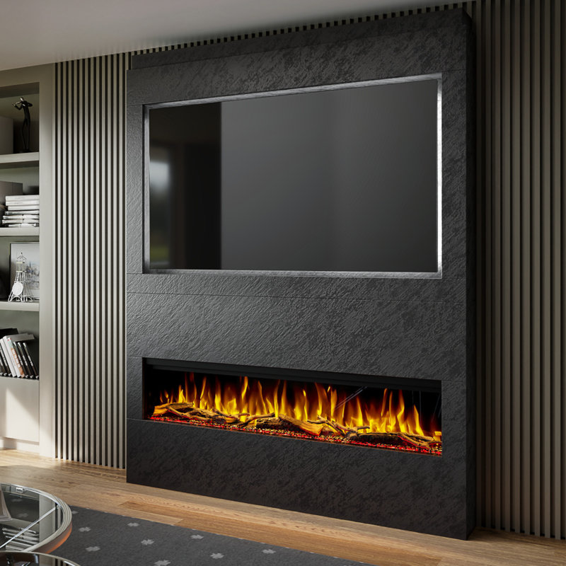 Evolution Fires Pre-Built Media Wall Package 17, finished in textured Venetian Plaster, includes Spectrum Series 60 Series 3-Sided Electric Fireplace