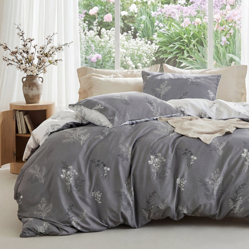 Ensemble de housse de couette réversible avec fermeture à glissière GentleSoft ™, Floral gris 1