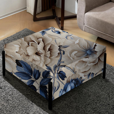 Grand repose-pieds carré bleu à motif floral victorien IV