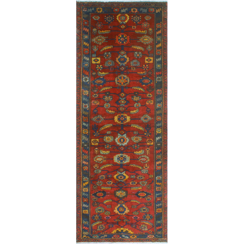 One-of-a-Kind 4'2" x 11'4" 1980s Runner Wool Area Rug in Blue and Yellow
