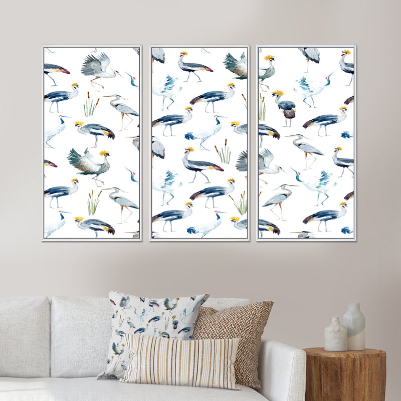 «African Cranes», ensemble de 3 impressions sur toile, H 28 po x l 36 po x P 1 po, Cadre blanc