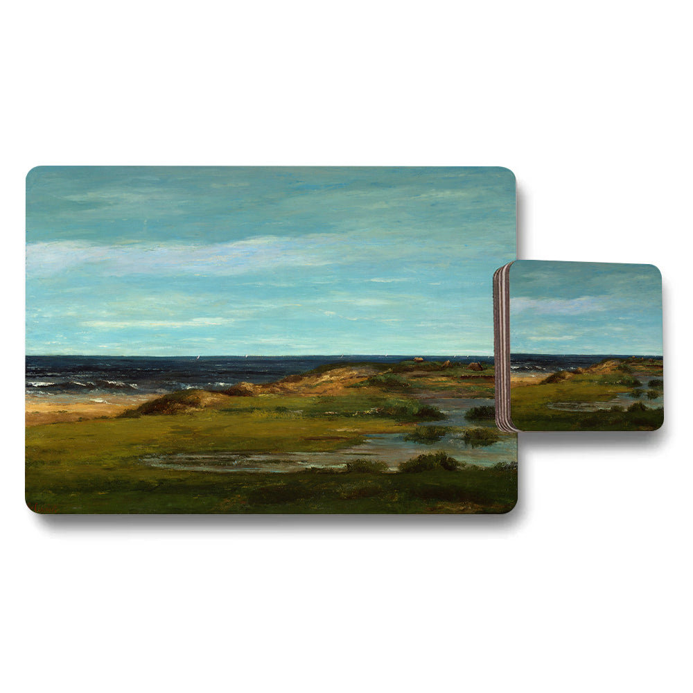 Seaside Landscape Placemat And Coaster Set With Ocean View Artwork