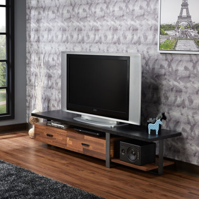 Walnut & Black Tv Stand With Industrial Flair, Suits 50 - 59 Inch Flat Screens Elegant In For 55" Screen Televisions Open Area