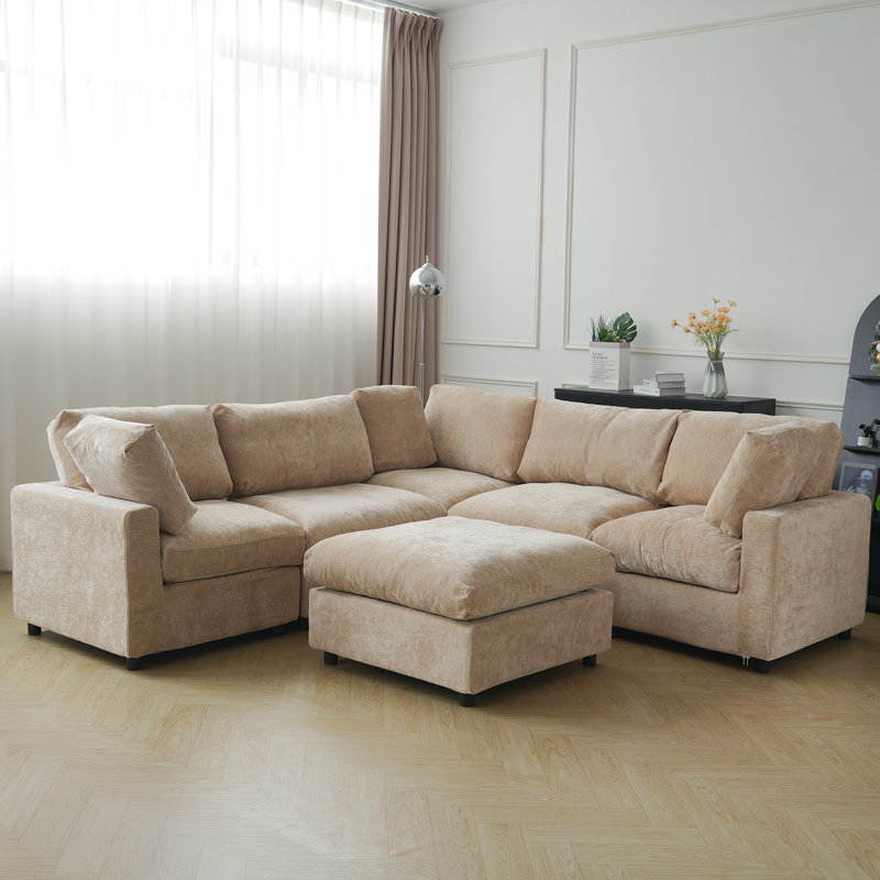 Canapé modulaire rembourré 5 pièces avec repose-pieds Kessi, Tissu Kakhi